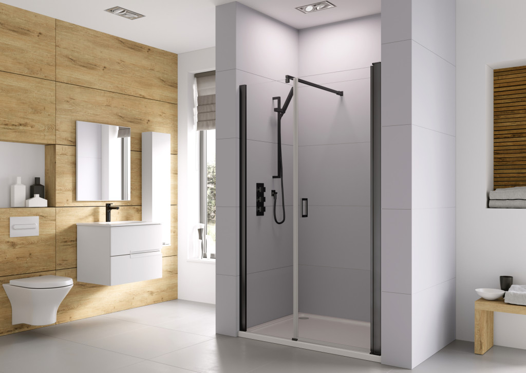 Haven6FramelessPivotDoorwith Inline Alcove Fitting In Black