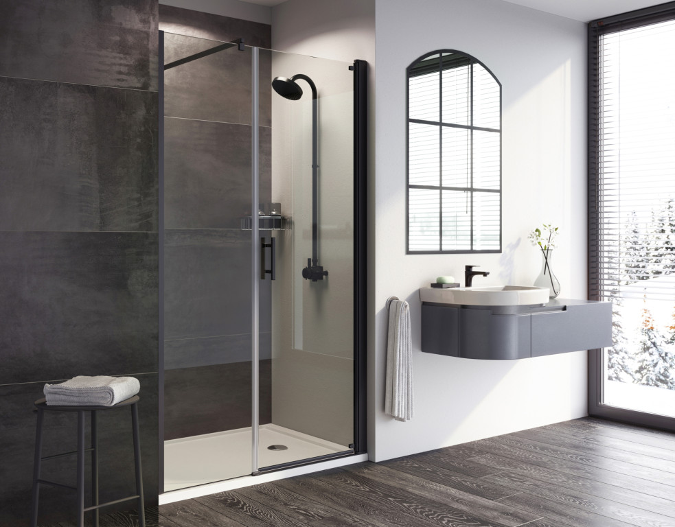 Alcove Pivot Door With Inline Panel In Black