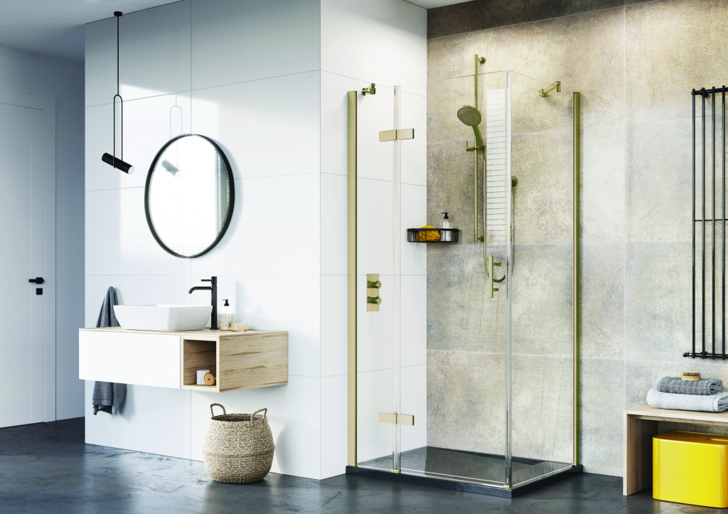 Corner Hinged Door With Inline In Brushed Brass