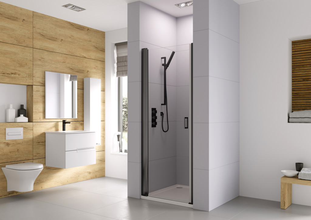 Haven6FramelessPivotDoorAlcove Fitting In Black