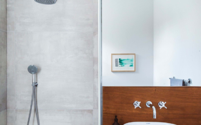 Stylish walk-in shower with wooden counter basin