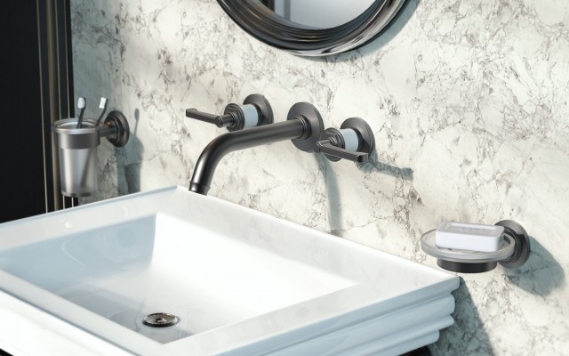 A Wall-mounted Basin Mixer, Toothbrush Holder & Soap Dish above the Basin of a Vanity Unit