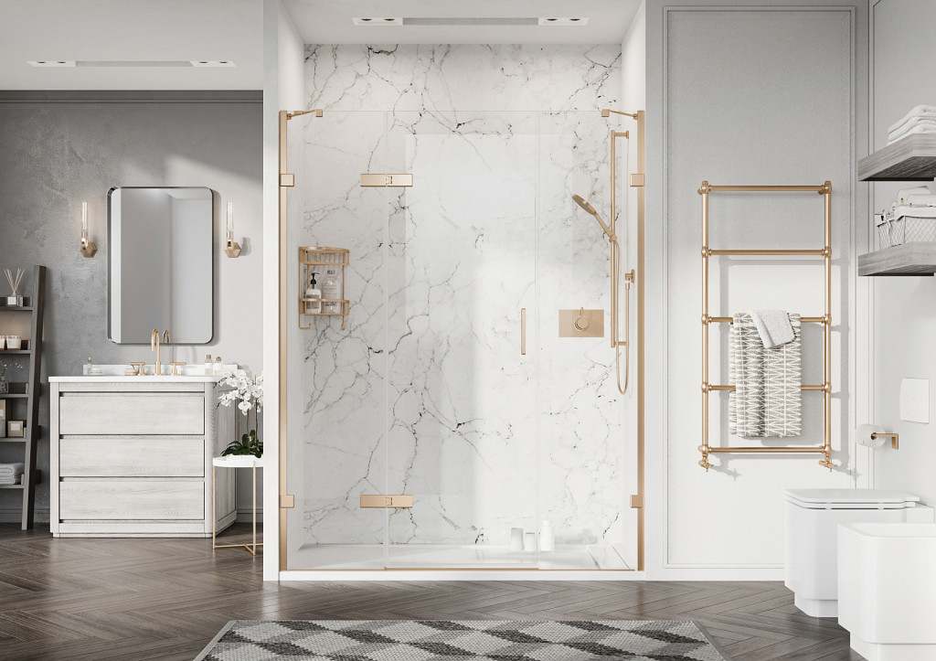 Hinged Door With 2 Inline Panels Alcove Fitting In Brushed Brass
