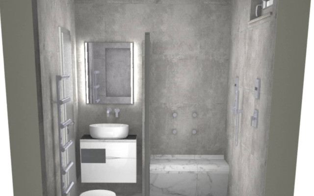 bathroom design visual showcasing a modern bathroom layout with sleek fixtures.