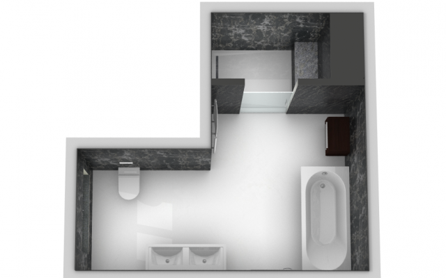 An interior bathroom design by Aqualite featuring a Straight Bath, Double Basin Vanity Unit, a Toilet and a Large Shower Enclosure