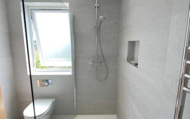 Stylish Wall-Hung Toilet and Elegant Shower Enclosure in Luxurious Setting