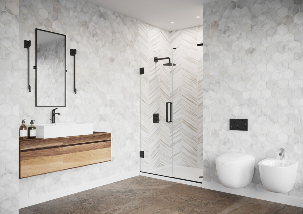 Colours Hinged Door  And  In-line Brushed Black Alcove LH