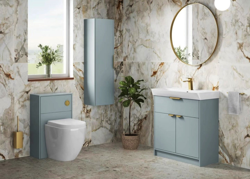 Explore our baby-blue bathroom featuring luxurious natural tiles, perfect for a serene escape.