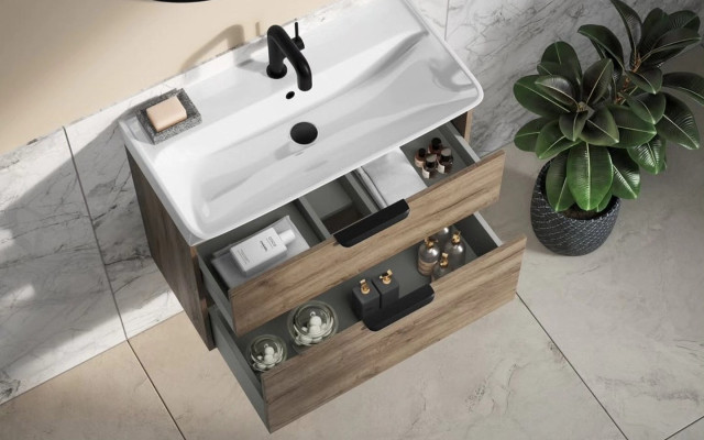 Stylish Bathroom Basin Display with Storage Solutions