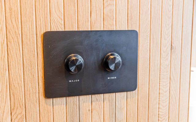 Wood-effect flush panel with stylish control knobs