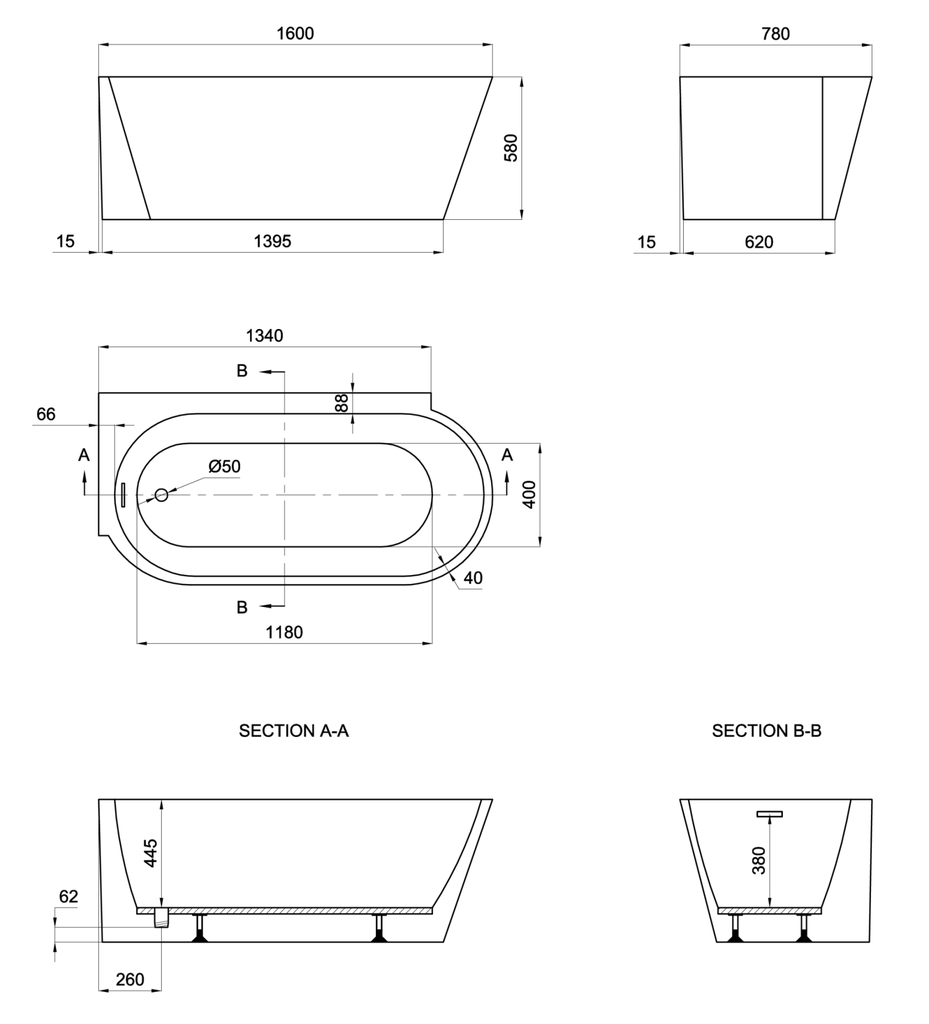 Bray 1600 Left Handed Bath including waste - White Extra Image