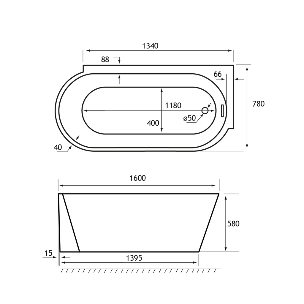 Bray 1600 Right Handed Bath including waste - White Extra Image