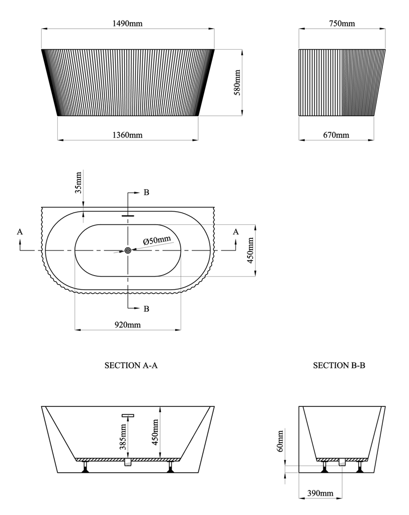 Caversham 1500 D Shaped Bath including waste - White Extra Image