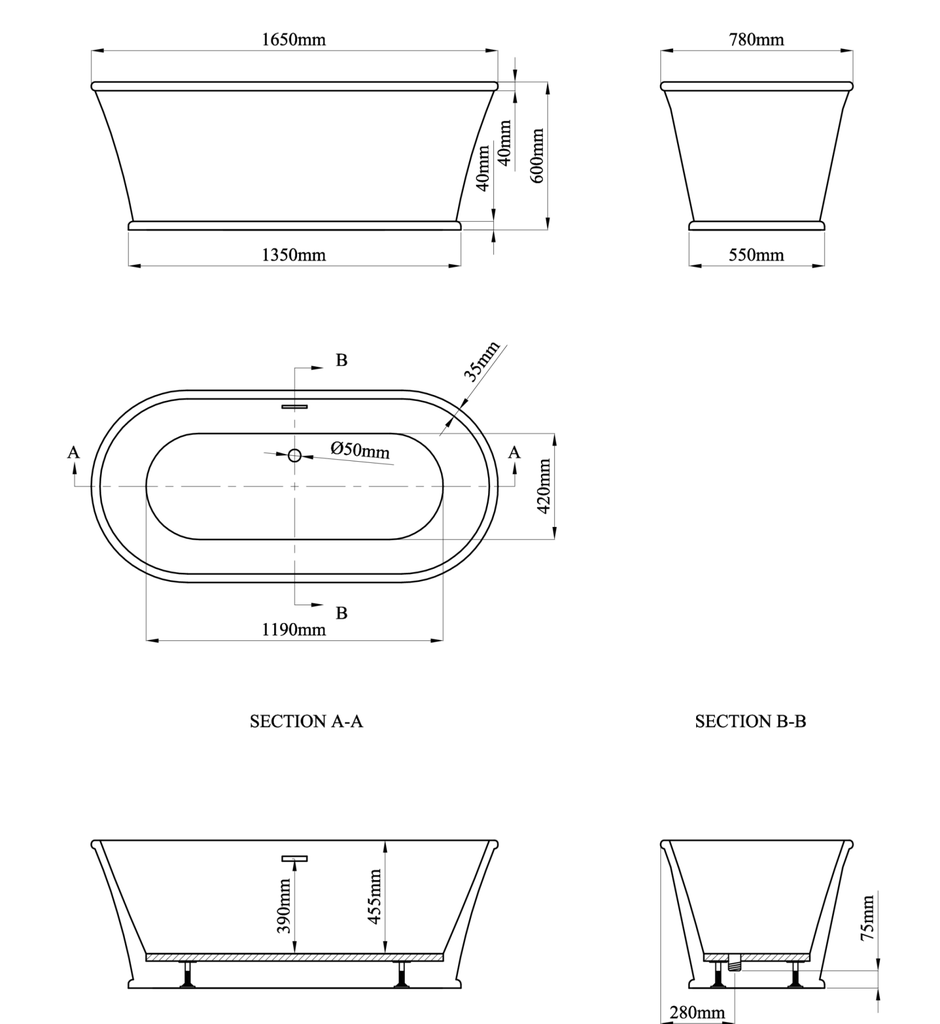 Henley 1650 Freestanding Bath including waste - White-3