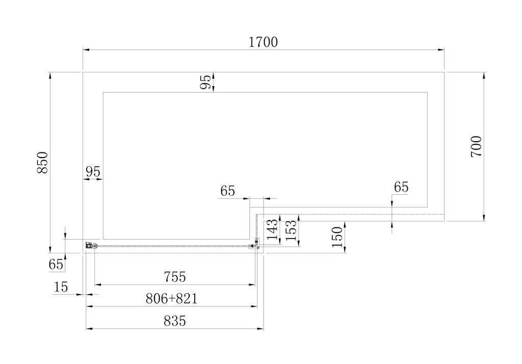 L shaped Bath Screen Right Handed - Chrome-2