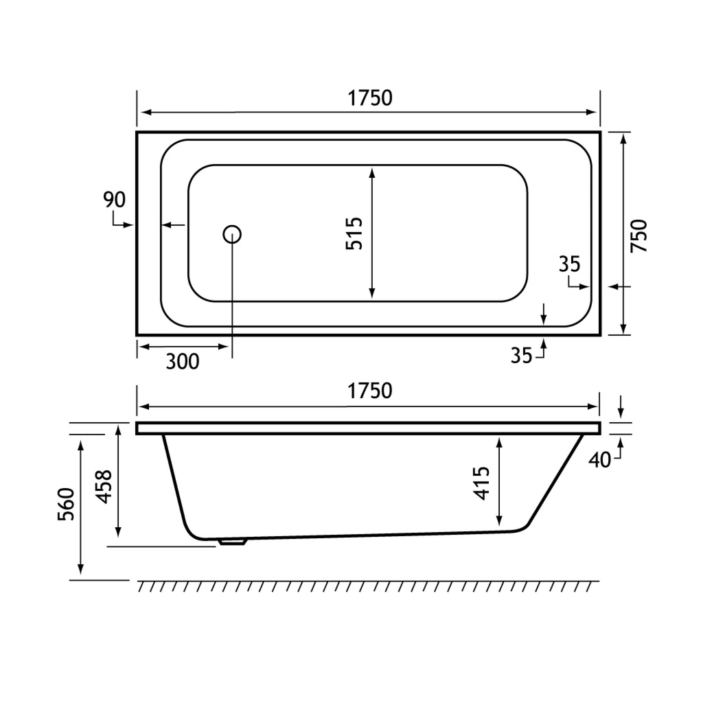 Malin Single-Ended 1750 x 750mm (440) 5mm Bath only-2
