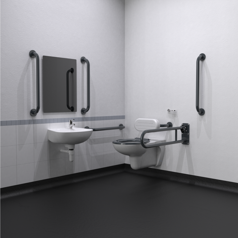 [NY02-DM-41300-DG] Fitzroy of London Wall Hung Doc M Toilet Pack, Stainless Steel, Concealed Fixings, Tmv3 Tap - Dark Grey