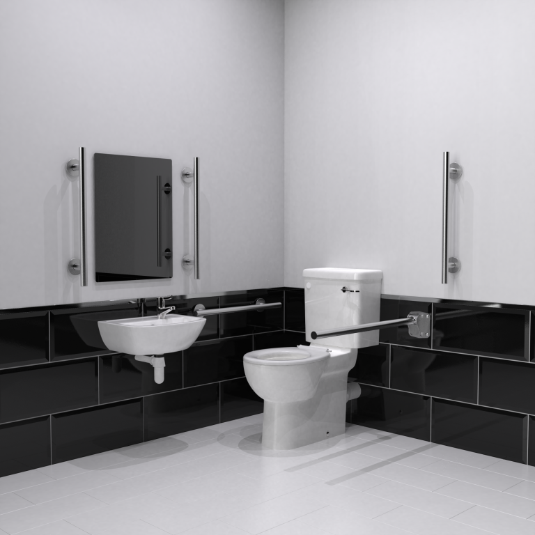 [NY03-DM-13102-SS] Fitzroy of London Premium Rimless Right Handed Luxury Close Coupled Doc M Toilet Pack, Lockable Cistern Lid, Tmv3 Valve - Satin