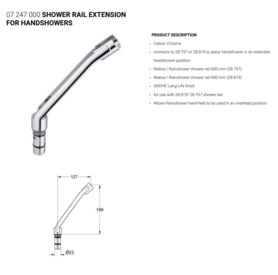 Grohe 07247000 Shower Rail Extension for Handshowers, Chrome - NEW
