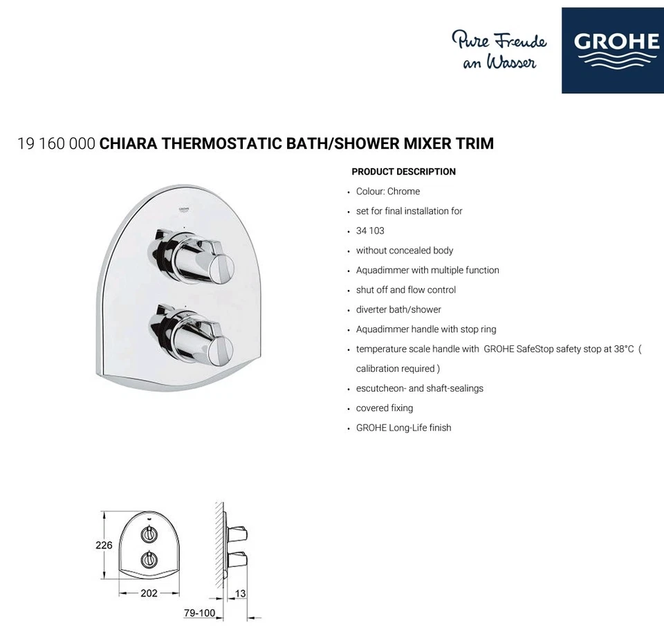 grohe 19 160 000 CHIARA THERMOSTATIC BATH/SHOWER MIXER TRIM