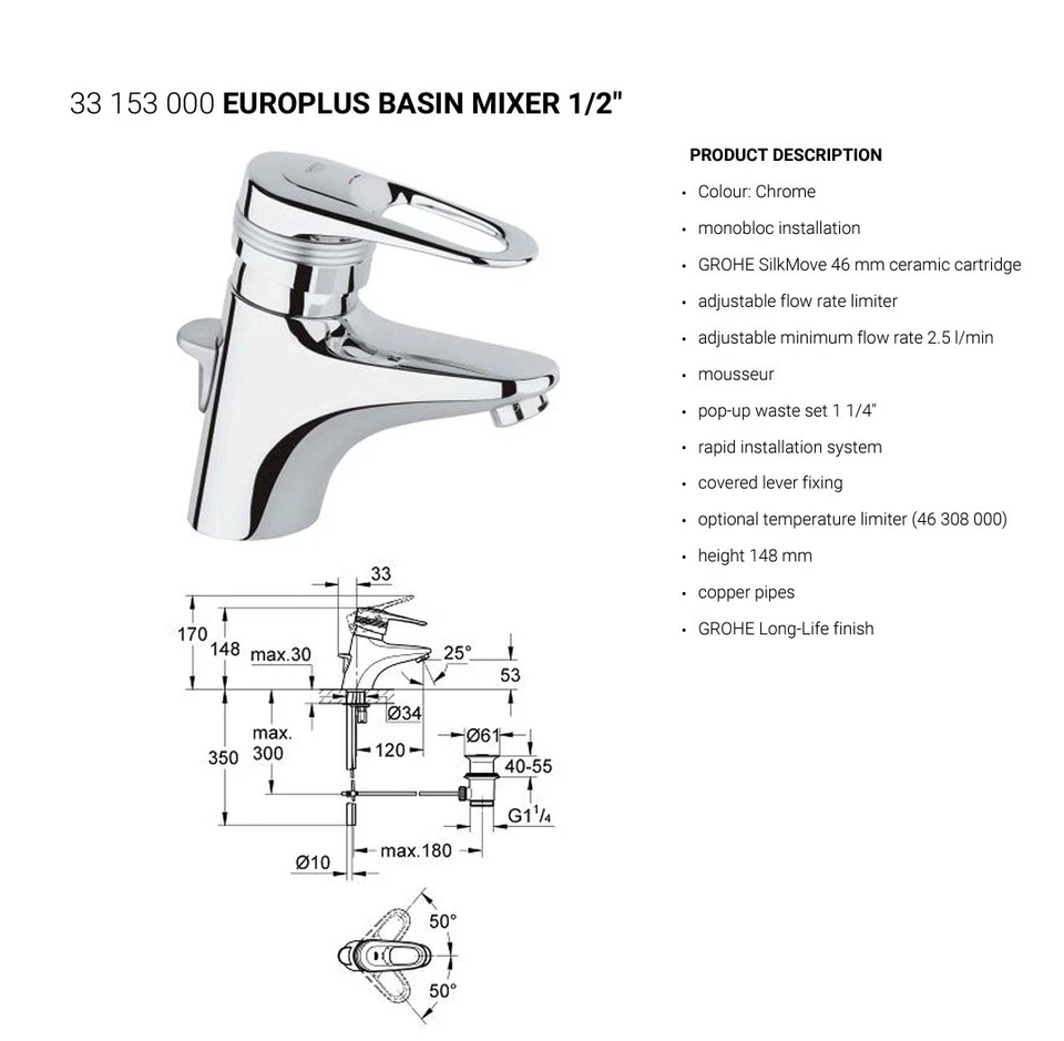 Grohe 33 153 000 EUROPLUS BASIN MIXER 1/2"