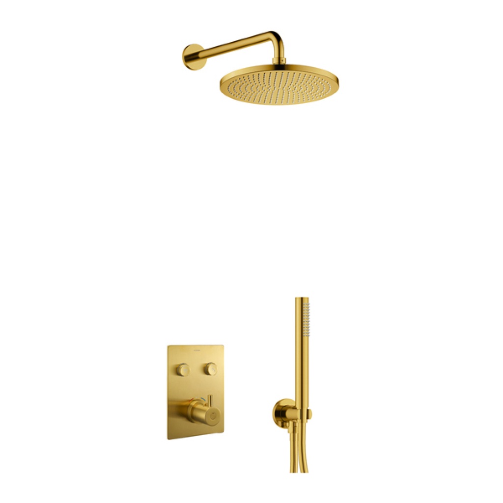 [BG-LV2PK2-SQ] Levo GoClick Square Shower Pack with Air-Mixed Rainshower and Handshower Kit - Brushed Gold