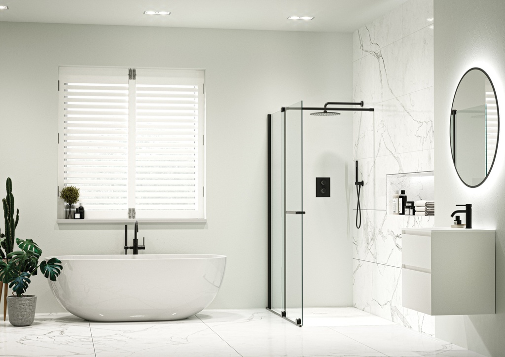 [TAR-510-MN] Armano Roller 1000mm Clear Glass with Matt Black Profile and Stabilising Bar - Left Hand