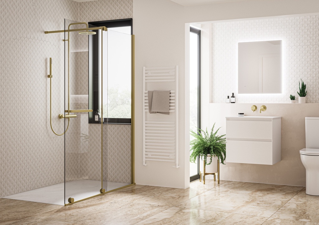 [TAR-610-BB] Armano Roller 1000mm Clear Glass with Brushed Brass Profile and Stabilising Bar - Right Hand