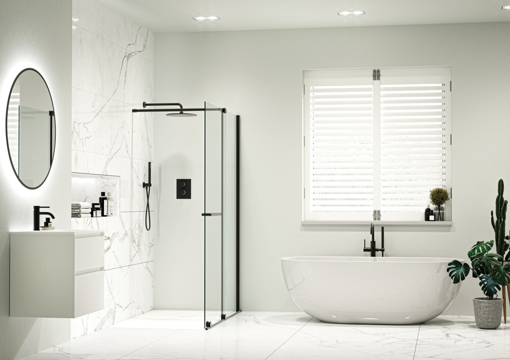 [TAR-612-MN] Armano Roller 1200mm Clear Glass with Matt Black Profile and Stabilising Bar - Right Hand