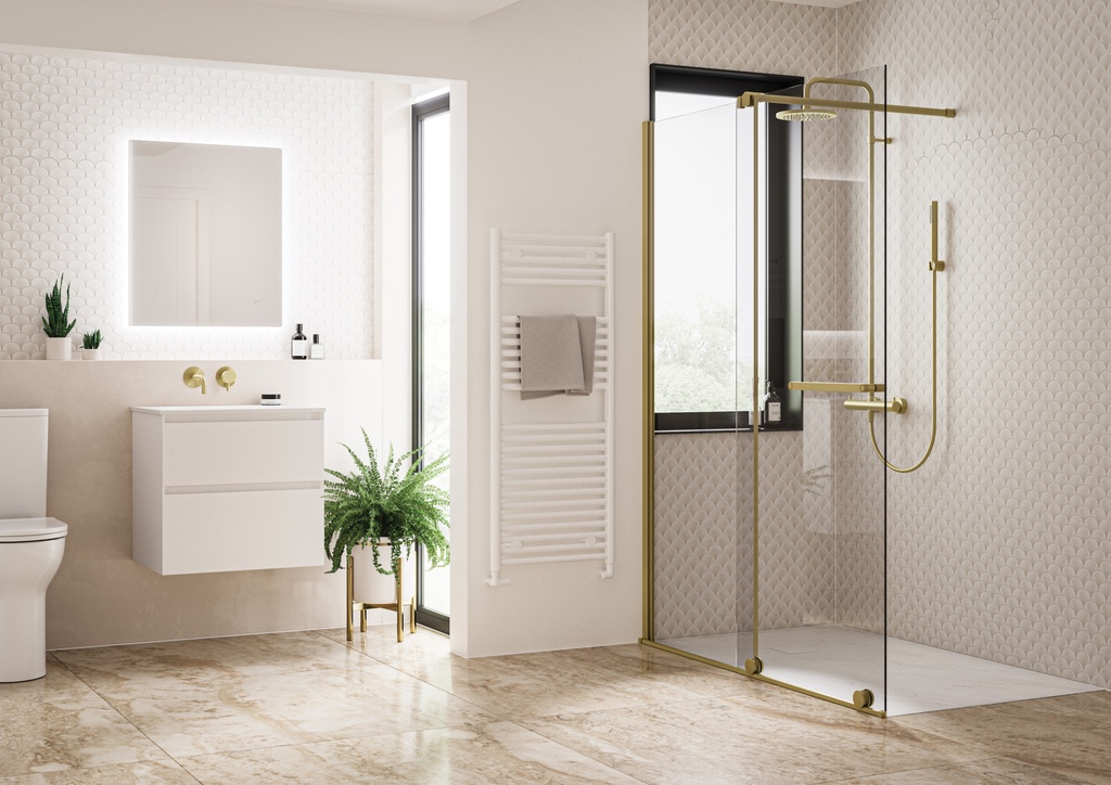 [TAR-516-BB] Armano Roller 1600mm Clear Glass with Brushed Brass Profile and Stabilising Bar - Left Hand