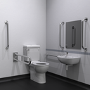 Fitzroy of London Premium Rimless Left Handed Close Coupled Doc M Toilet Pack, Lockable Cistern Lid, Stainless Steel, Concealed Fixings, Tmv3 Tap - Satin
